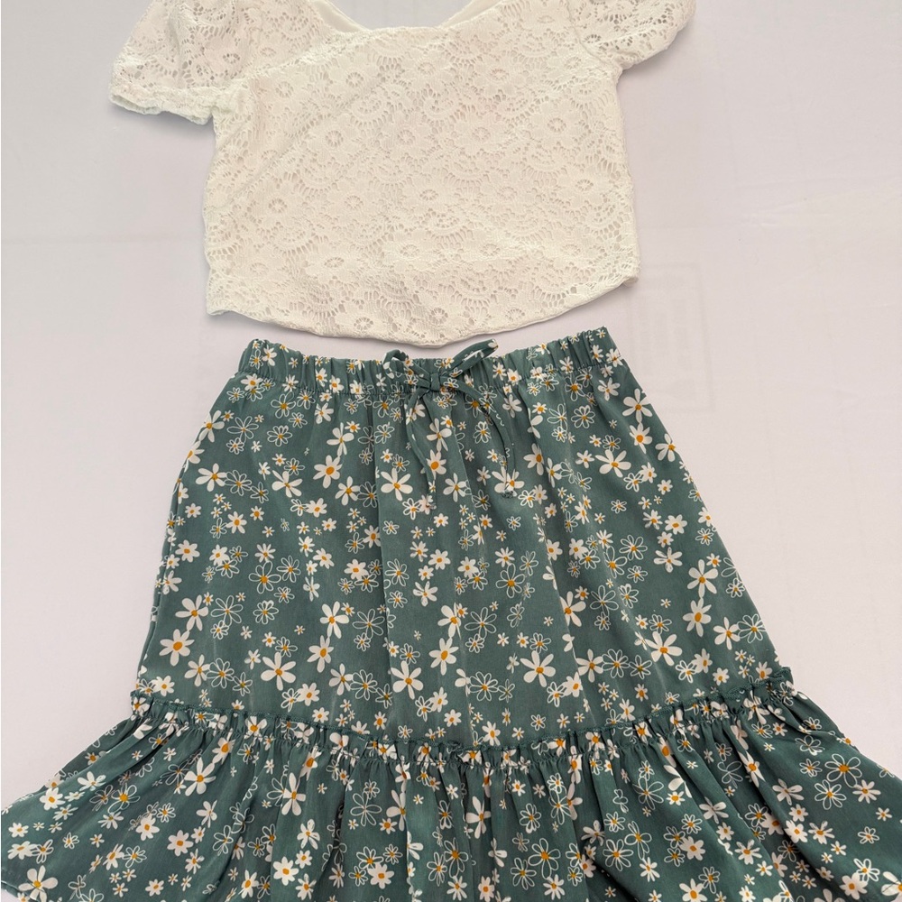 Floral Green Skirt and White Lace Top Set